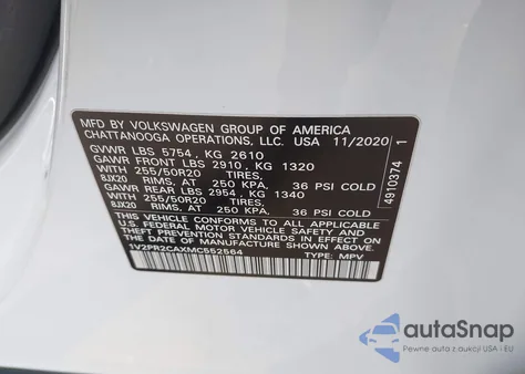 2021 Volkswagen Atlas 3.6L V6 Se W/Technology R-Line из США, поврежденный, VIN 1V2PR2CAXMC552564